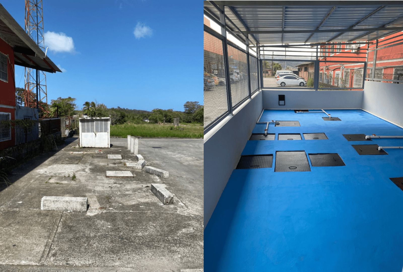 Centro de distribución de agua externa e interna con pozos de registro azul y conexiones de tuberías