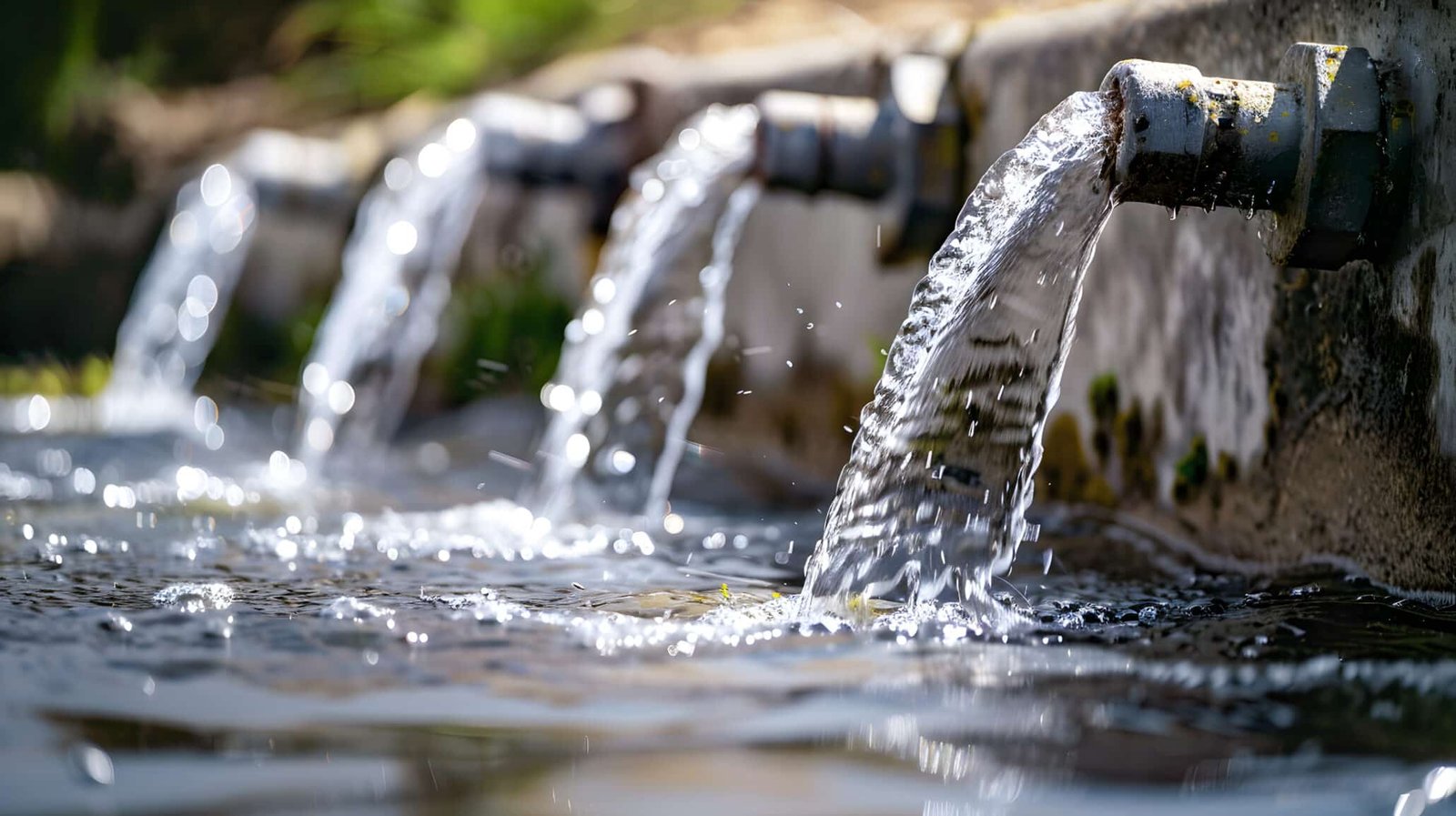 Agua dulce y cristalina fluyendo desde tuberías de distribución en ambiente natural con musgo y vegetación