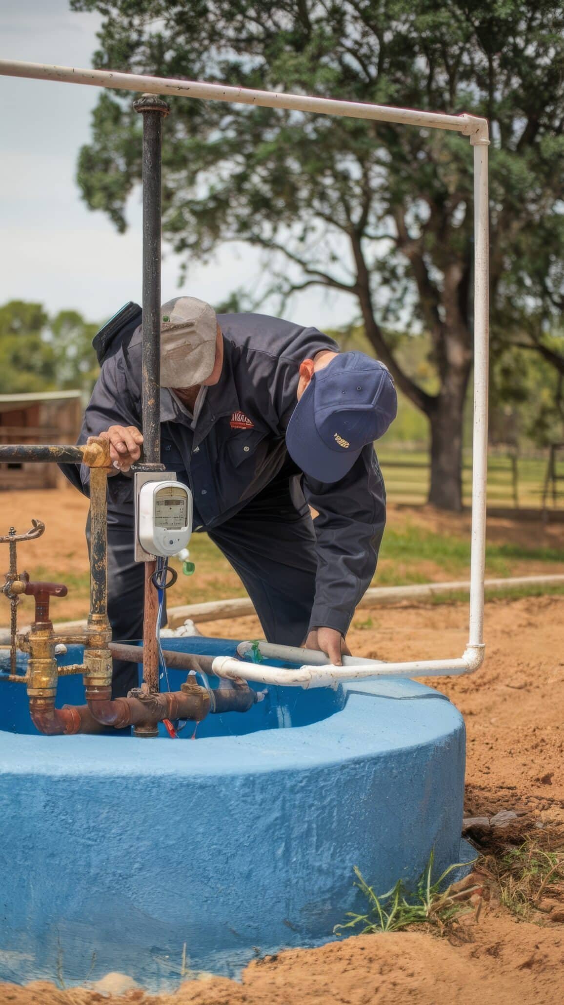 Fontanero inspeccionando pozo de agua y tuberías rurales con medidor de suministro de agua para zonas agrícolas